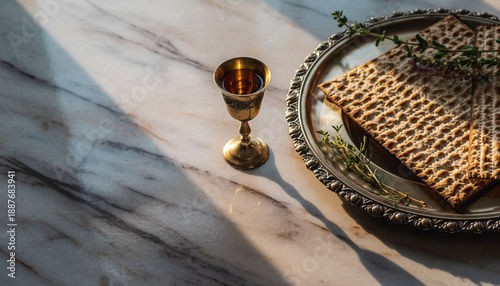 A beautifully arranged Passover Seder plate with matzo, wine, and herbs on a marble surface, captured from an overhead viewpoint.