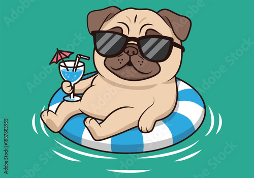 Cool Pug Dog Relaxing on Pool Float with Sunglasses and Cocktail – Summer Cartoon Illustration