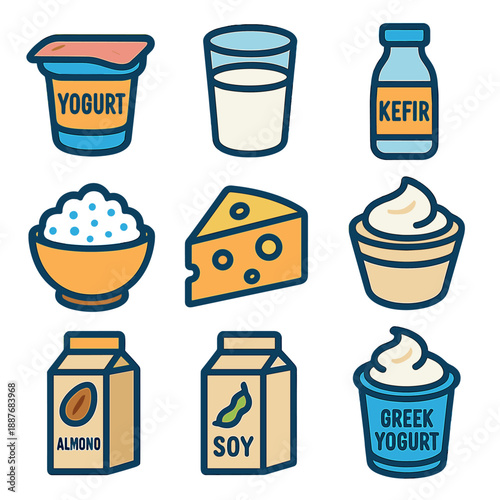 Diverse dairy and plant-based drinks and foods icons collection