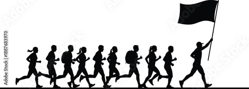 Running silhouettes, group movement, flag bearer, leadership, teamwork, unity, motion, goal, action, people, purpose