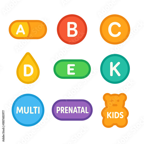 Colorful vitamin icons for kids and prenatal health