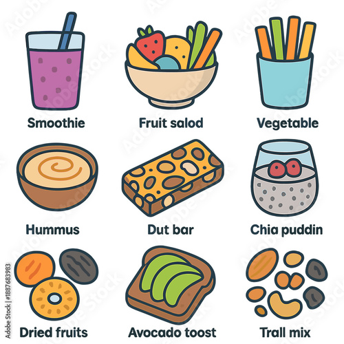 Colorful illustrated healthy snacks and drinks collection for wellness lifestyle