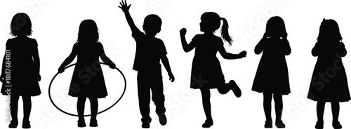 Children silhouette, playful poses, hula hoop, jumping, walking, standing, expressive, fun, activity, motion, gesture