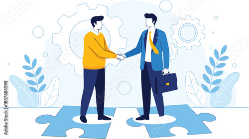 Businessmen Handshake Illustration Representing Partnership Deal Closing and Problem Solving with Jigsaw Puzzle Pieces and Gears for Corporate Graphic Designs
