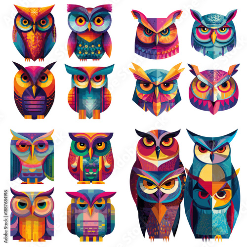 Wallpaper Mural Bold colorful owl illustrations with expressive eyes and geometric artistic style showcasing wildlife characters ideal for logos posters education prints and creative graphic designs Torontodigital.ca