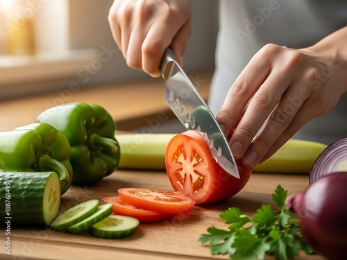 Expert hands precisely slicing tomato, preparing fresh ingredients for cooking
