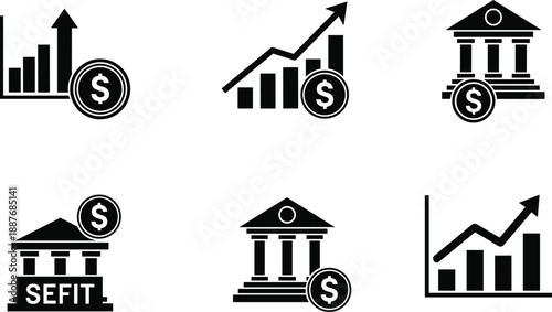 Banking investment icons set with growth charts finance symbols money banking institutions solid vector illustration