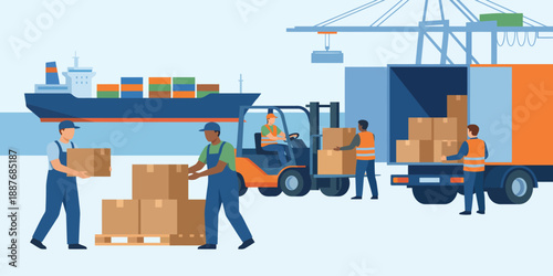 Workers unloading cargo from a ship onto trucks using forklifts at a busy dockyard