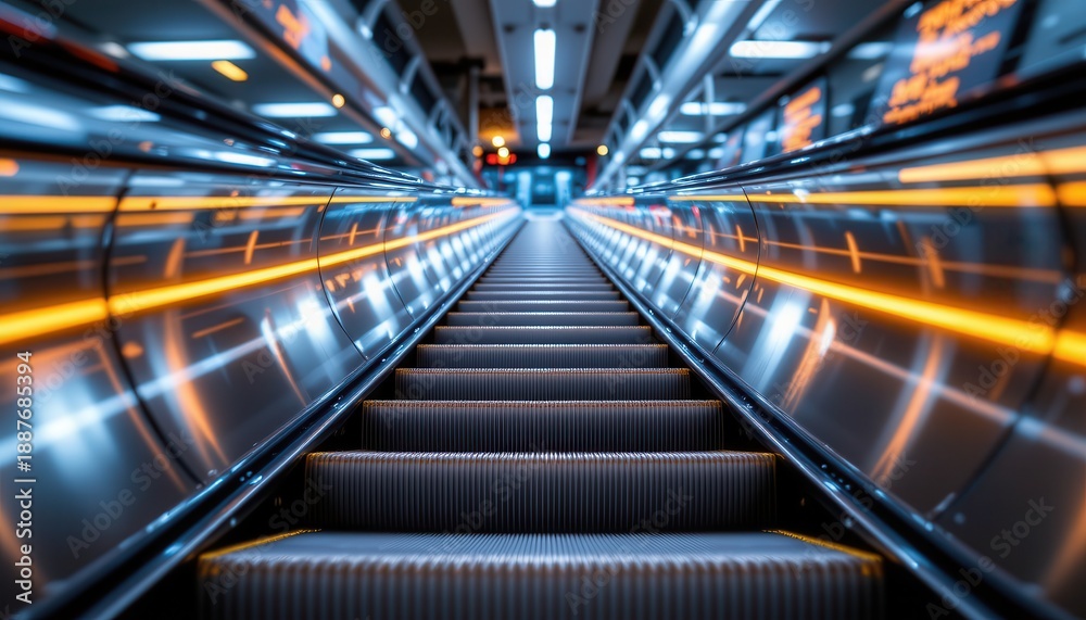 Fototapeta premium Modern escalator with dynamic lighting and reflections in a contemporary urban environment