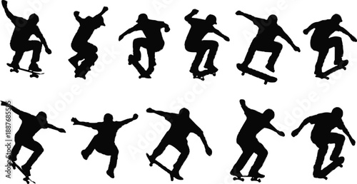 Large Collection of Skateboarder Silhouette Sequences Featuring Extreme Sports Stunts Kickflips Jumps and Grinds for Urban Youth Culture Athletic Competition and Street Lifestyle Vector Illustration
