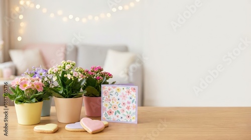 Spring floral arrangement with colorful potted plants and heart-shaped cookies cozy living room home decor warm atmosphere eye level celebrating nature's beauty