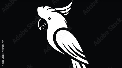 White cockatoo parrot silhouette vector illustration with crest and beak isolated on black background for tropical bird nature wildlife or exotic pet shop logo.