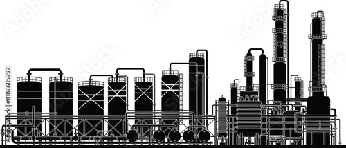Industrial oil refinery silhouette with storage tanks distillation columns pipelines and processing units, petrochemical plant infrastructure, black vector illustration isolated