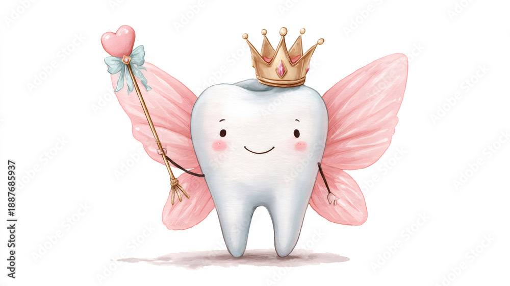 Fototapeta premium Cute tooth fairy character wearing crown and wings