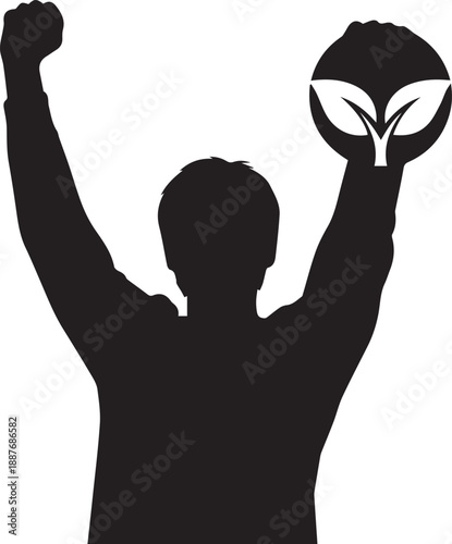 Man raising fist with eco leaves symbol silhouette victory vector illustration