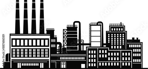 Industrial factory skyline silhouette with smokestacks pipelines and manufacturing buildings, heavy industry power plant infrastructure, black vector illustration isolated background