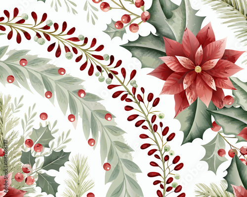 Watercolor christmas floral arrangement with poinsettia holly and berries on white