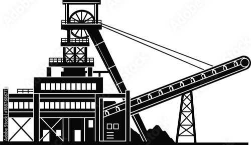 Industrial mining facility silhouette with conveyor belt headframe and processing plant, coal extraction infrastructure, black vector illustration isolated background design