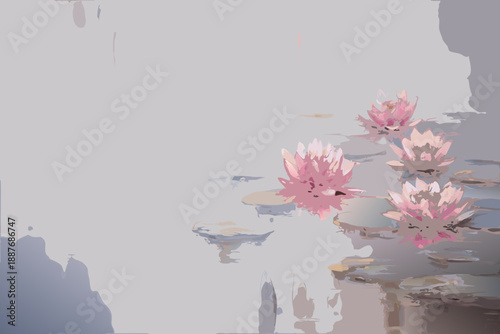 Delicate pink lotus flowers bloom peacefully on a tranquil water surface