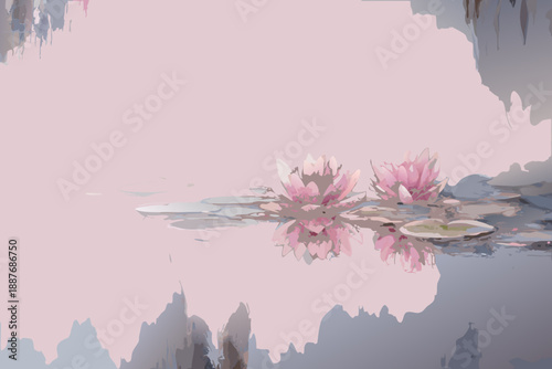 Delicate pink lotus flowers bloom peacefully on a tranquil water surface