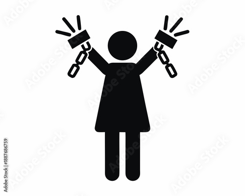 Woman breaking chains icon silhouette vector illustration, isolated on white background