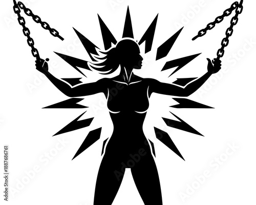 Strong Woman Breaking Chains Silhouette Vector, Freedom and Liberation Concept Illustration
