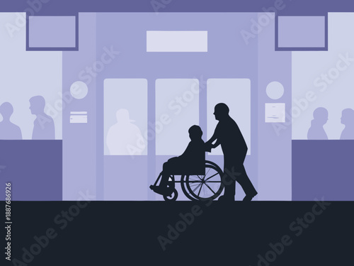 Silhouettes depict a healthcare worker assisting a patient in a wheelchair