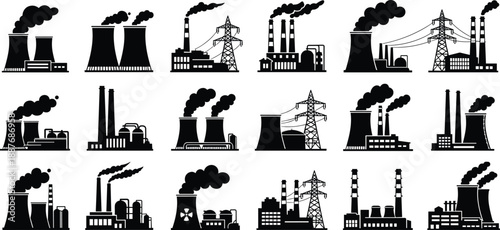 Industrial power plant icons collection with smokestacks, cooling towers, electricity grid and pollution concepts, black vector illustration isolated white background