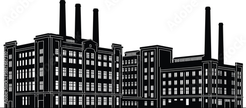 Industrial factory building silhouette with smokestacks, historic manufacturing plant architecture, heavy industry concept, black vector illustration isolated on white background