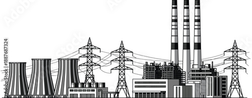 Industrial power plant silhouette with cooling towers, smokestacks, transmission lines, electricity generation infrastructure, energy industry illustration isolated white background vector