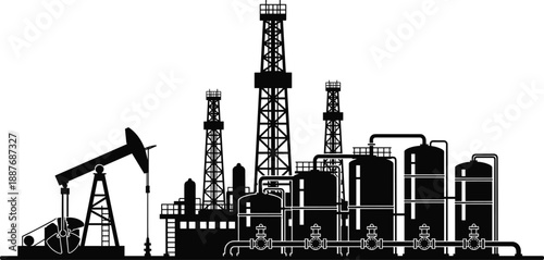 Oil refinery silhouette with pumpjack drilling rig, petrochemical plant towers pipelines, energy production infrastructure, black vector illustration isolated white background