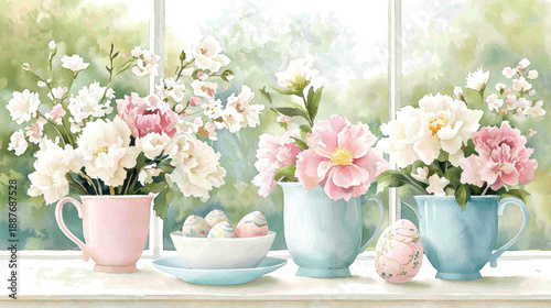 Wallpaper Mural Watercolor easter brunch pastel flower vase cup spring floral arrangement window soft light romantic still life painted egg decoration art Torontodigital.ca