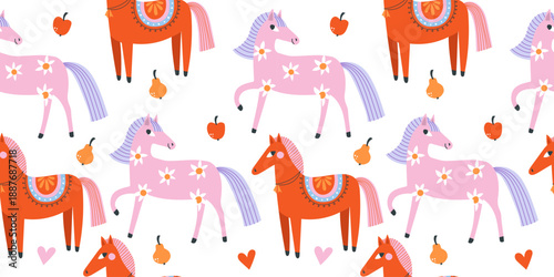 Seamless spring pattern with cute decorative horses, flowers, hearts and fruits. Colorful flat cartoon illustration for kids fabric, wrapping paper, wallpaper and playful surface design.