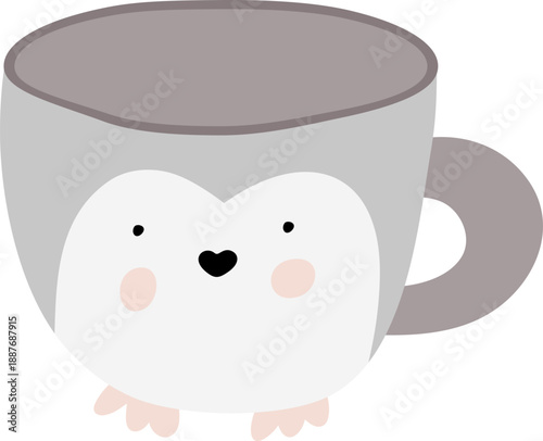 Cartoon penguin mug vector with a cute design, featuring gray and white colors, rosy cheeks, and a heart shaped beak