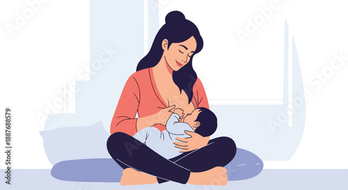 Woman Embraces, Breastfeeding Infant, Peaceful Motherhood Moment