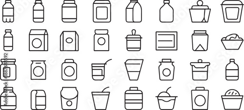 Food packaging symbols, line art icon set. Containers, packaging materials for processed and raw foods, one line Art icon drawing vector