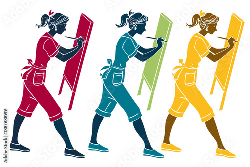 set of Female Painter Silhouette, Woman Creating Art Vector Design