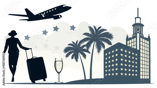 Businesswoman travels to tropical vacation getaway with luxury hotel