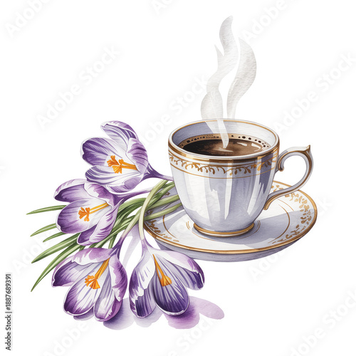 cup of coffee with crocuses, watercolor