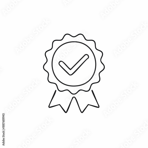Line art icon of a quality assurance badge with a checkmark, symbolizing approval or certification.