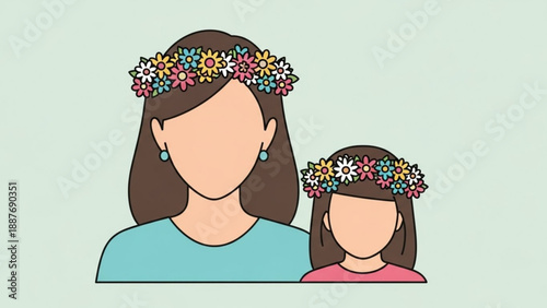 Mother and Daughter Wearing Floral Crowns, Cartoon Illustration, Isolated on Light Green Background