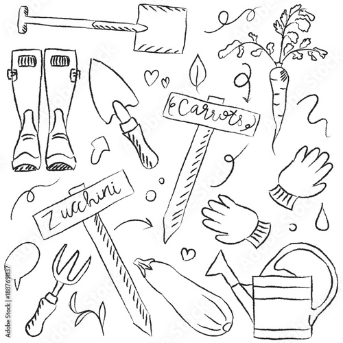 Organic Farm Garden Doodle Set with Carrots Zucchini and Hand Tools