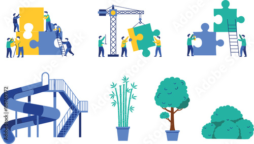 Teamwork and problem solving concept vector illustration set with people building puzzle pieces, collaboration, growth, and strategy