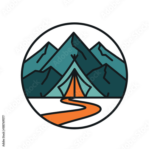 Minimalist outdoor camping scene with vibrant mountain backdrop and warm tent glow capturing wilderness adventure essence