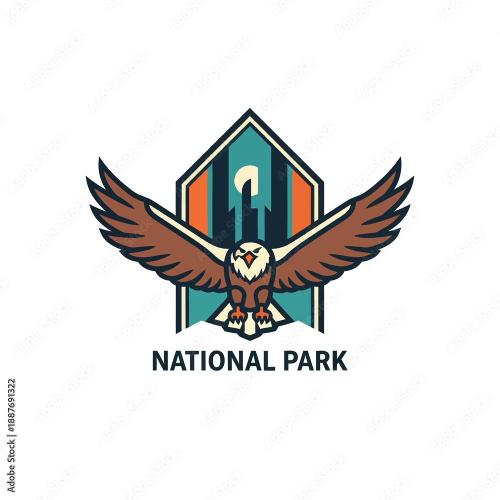 Obraz premium Dynamic emblem representing a national park with an eagle soaring beneath a geometric shield highlighting outdoor adventure and
