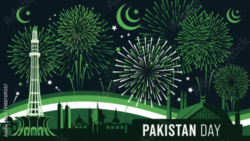Pakistan Day Celebration with Fireworks and Minar-e-Pakistan Monument Illustration