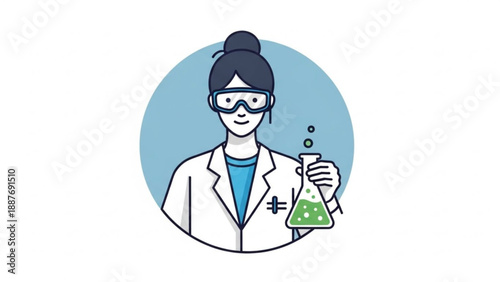 Female Scientist Holding Erlenmeyer Flask with Green Liquid in Laboratory, Cartoon Style