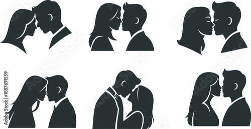 Romantic couple kissing silhouettes vector set