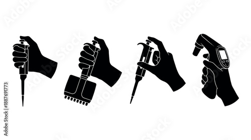 Silhouettes of hands holding various laboratory pipettes for scientific research.