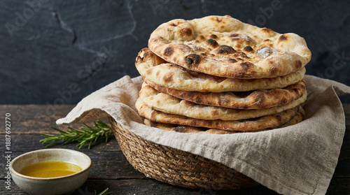 Freshly baked naan bread stacked in a wicker basket on a table  